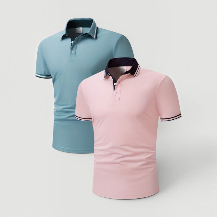 Complete men's two-piece polo set: elegant knit polo shirt & trousers for cohesive workwear style.