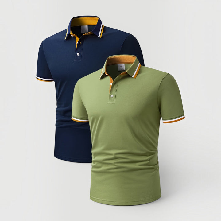 Man wearing a sleek, elegant men's 2-piece knit polo set, showcasing smart casual workwear style.