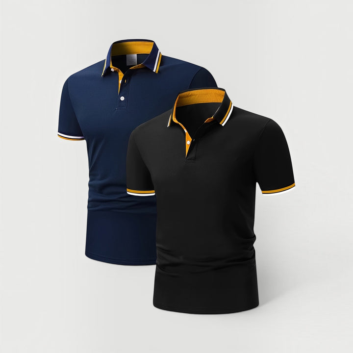 Breathable men's two-piece knit polo set, comfortable & stylish for smart casual or elegant workwear.