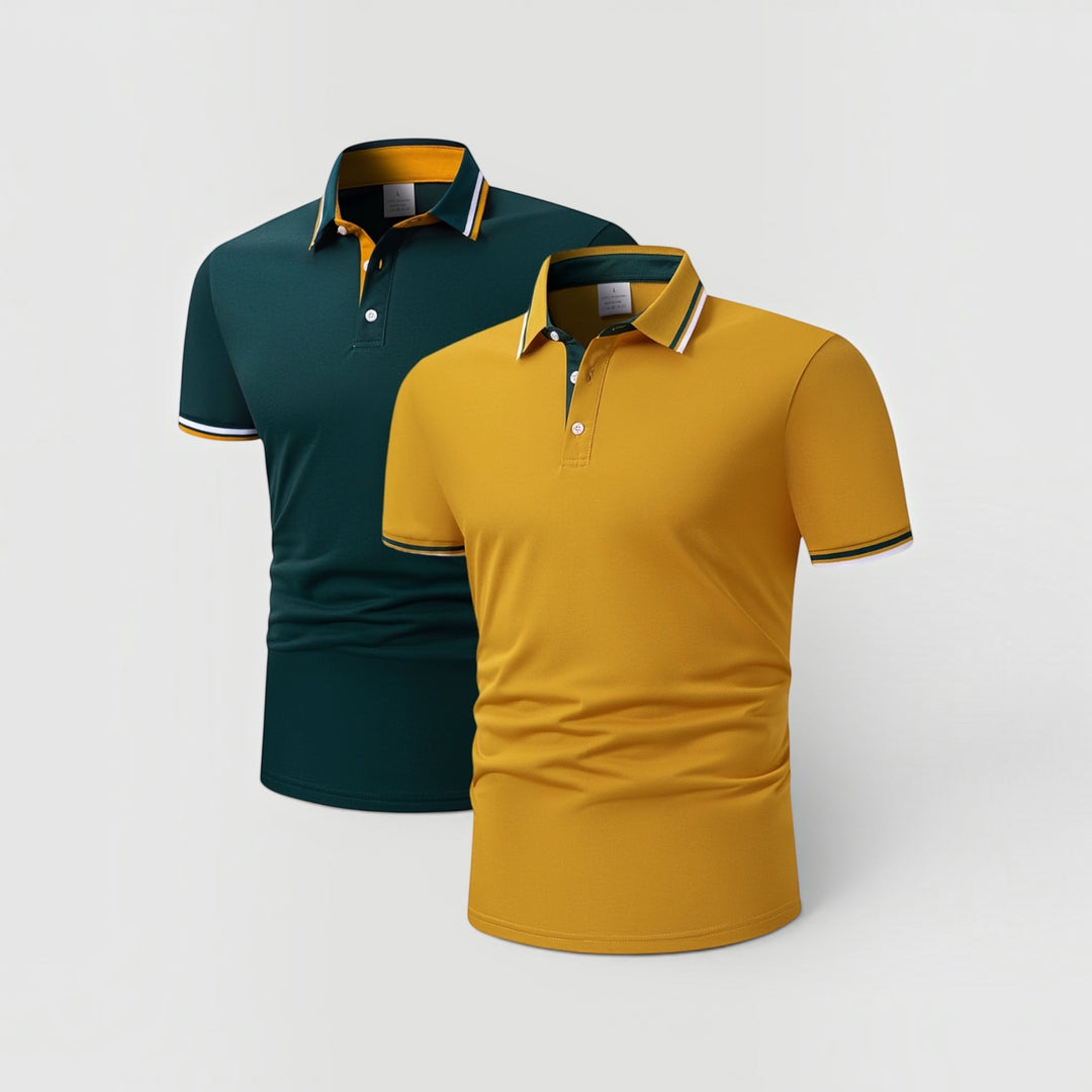 Textured knit men's polo set, two-piece, offering a sophisticated, breathable and comfortable workwear style.