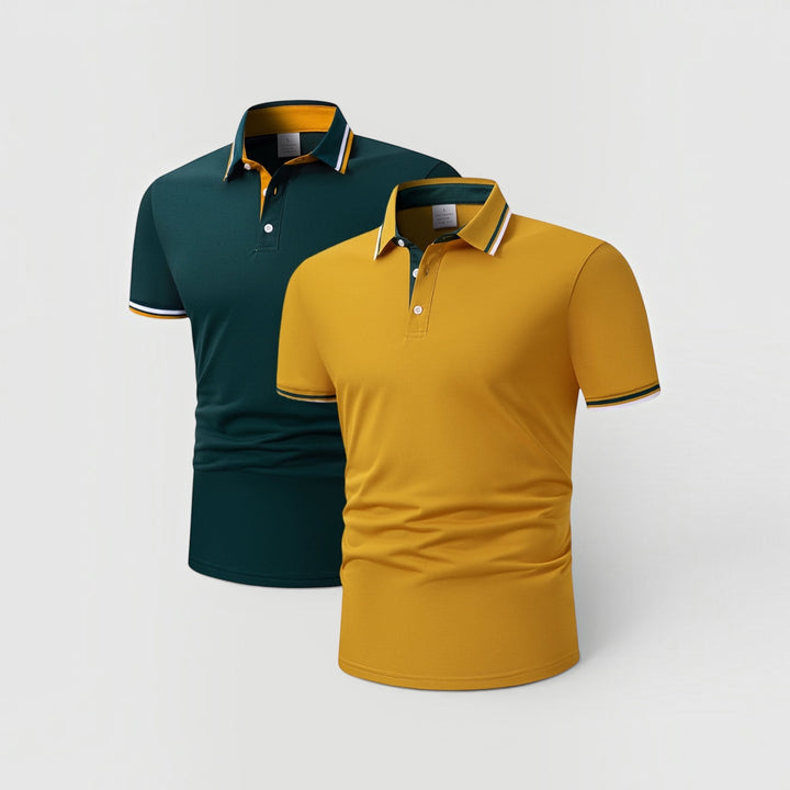 Textured knit men's polo set, two-piece, offering a sophisticated, breathable and comfortable workwear style.
