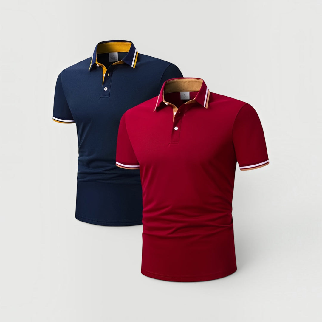 Lightweight men's knit polo set, two-piece. Perfect for smart casual spring/summer workwear fashion.