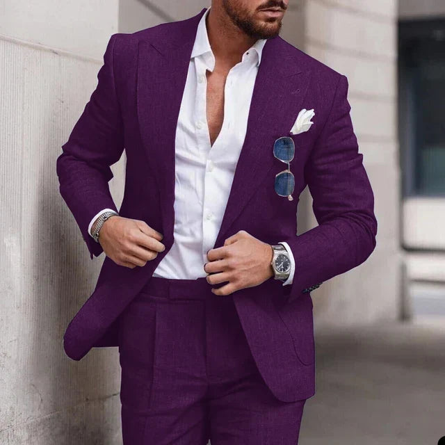 Olive green men's tailored wedding suit. Unique 2-piece set for an elegant spring/summer look.