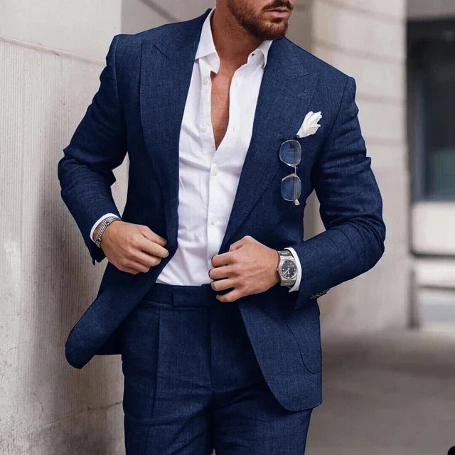 Comfortable men's black wedding suit. Tailored 2-piece set, ideal for sophisticated formal wear.