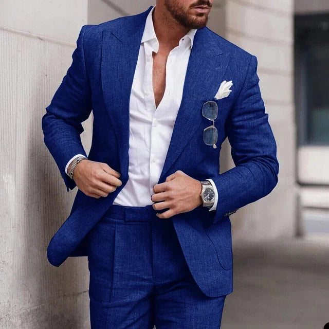 Spring/Summer men's beige formal suit. Elegant 2-piece tailored set for weddings and events.