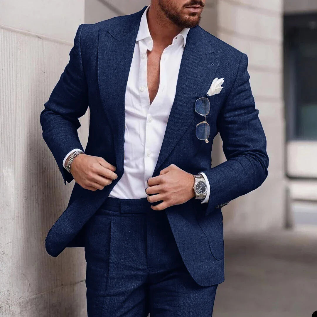 Sharp blue men's wedding suit set. Comfortable tailored 2-piece formal wear for special occasions.