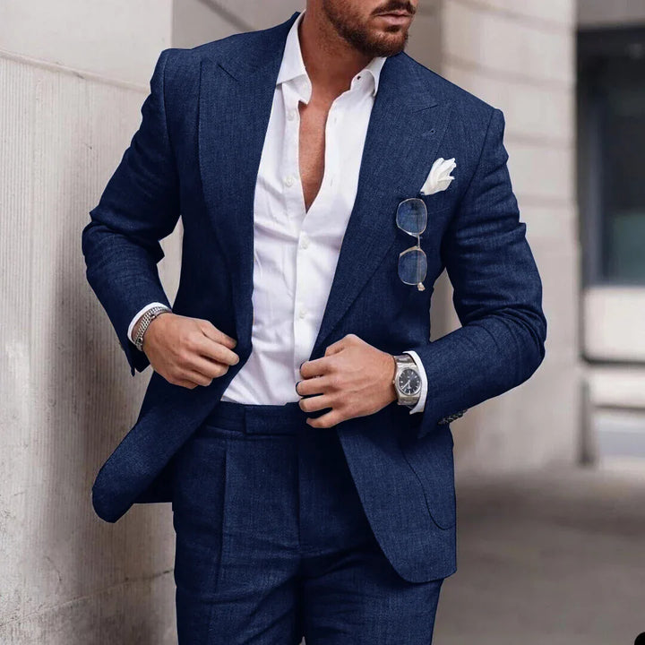 Sharp blue men's wedding suit set. Comfortable tailored 2-piece formal wear for special occasions.