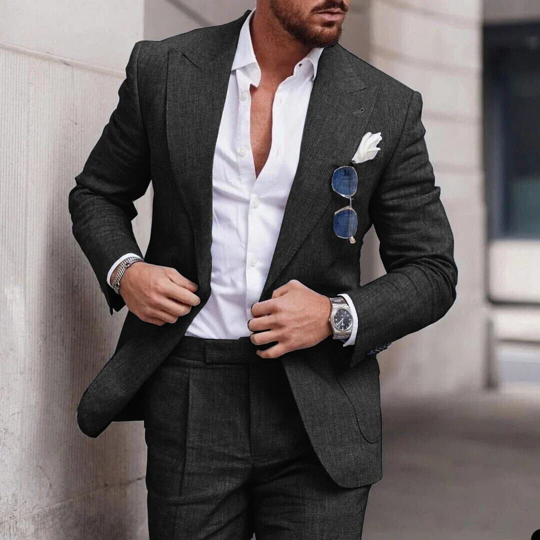 Sophisticated grey men's formal suit. 2-piece tailored fit for weddings, events, and men's fashion.
