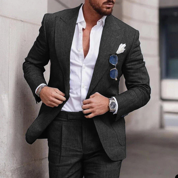Sophisticated grey men's formal suit. 2-piece tailored fit for weddings, events, and men's fashion.