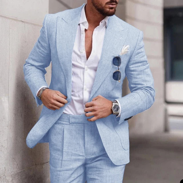 Full view of a men's 2-piece wedding suit, showcasing elegant tailored fit and comfortable design.