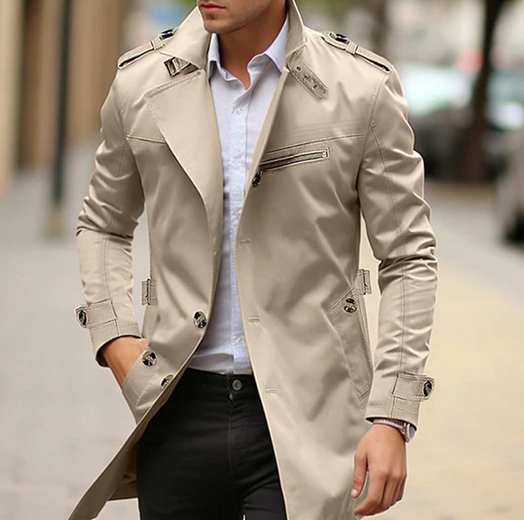 Close-up: tailored lapels of an elegant men's trench coat, perfect business casual outerwear for spring.