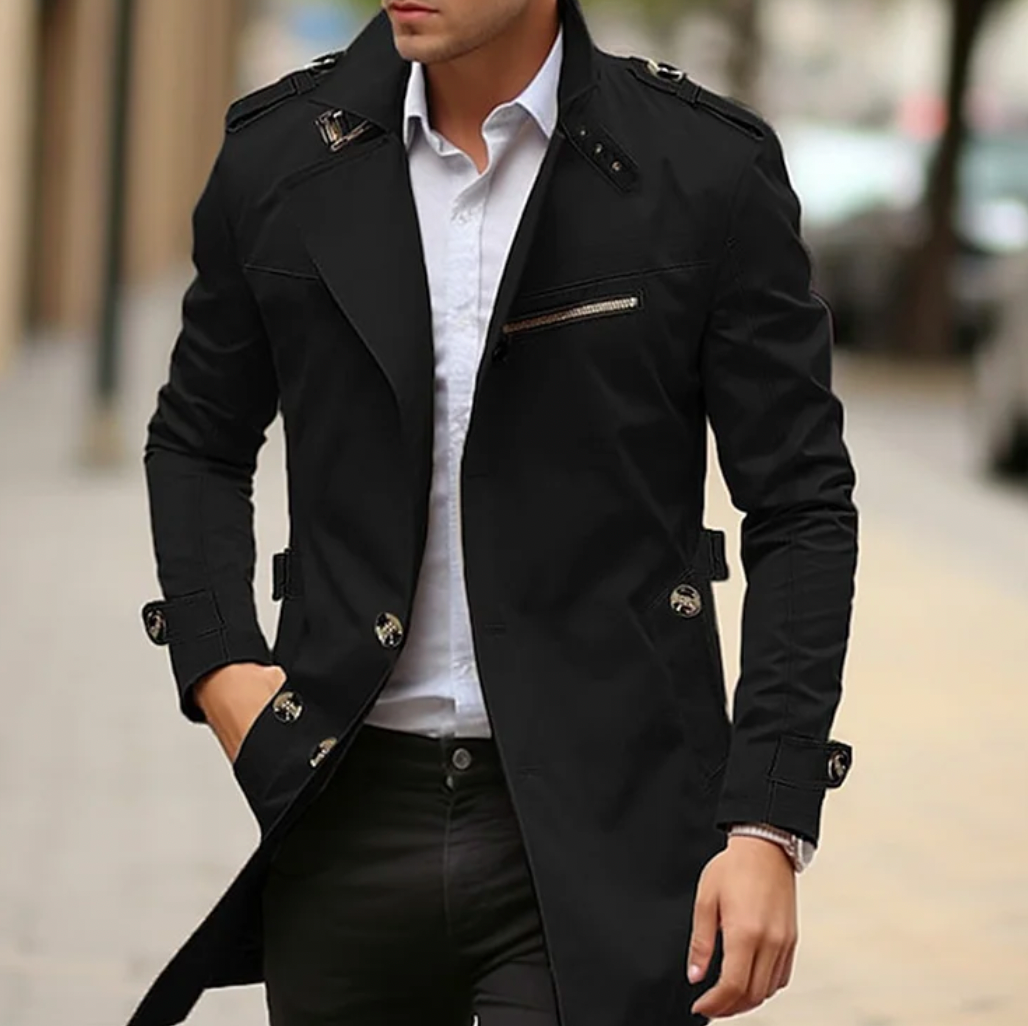 Stylish belted men's long trench coat, classic design for sophisticated spring fashion and elegant outerwear.
