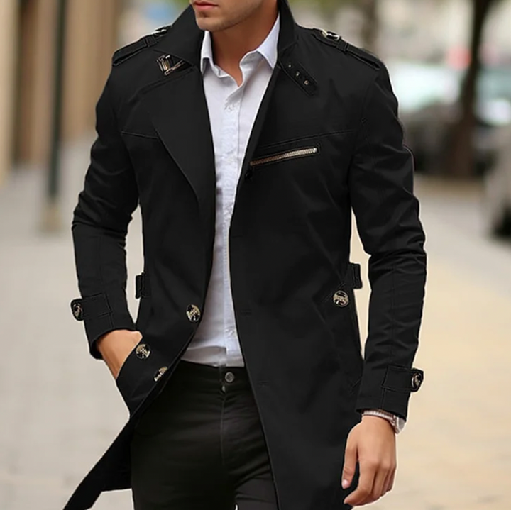 Stylish belted men's long trench coat, classic design for sophisticated spring fashion and elegant outerwear.