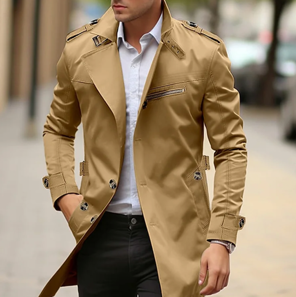 Men's elegant trench coat styled casually, a versatile spring jacket for modern men's fashion.