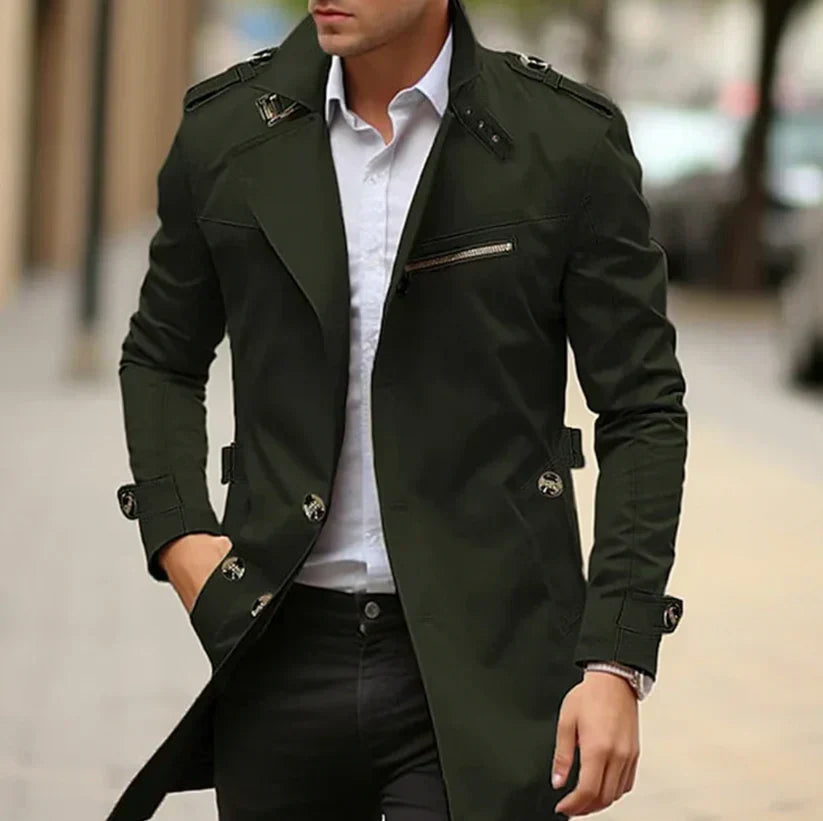 Sophisticated men's elegant trench coat, a timeless long spring jacket for refined men's fashion.