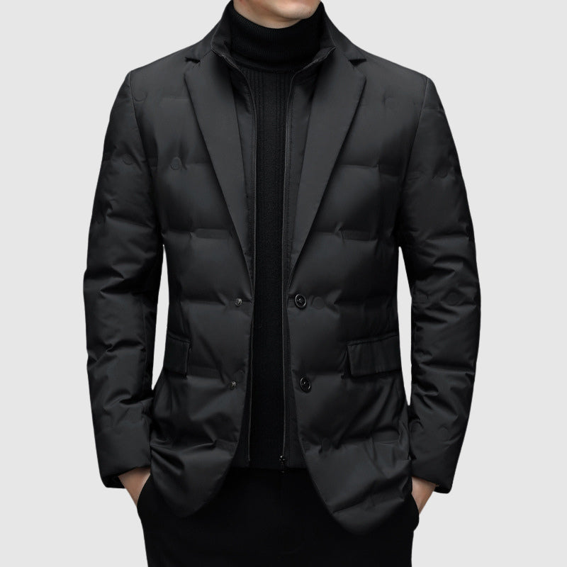 Men's elegant black padded winter jacket, blazer style, perfect for sophisticated cold weather outerwear.