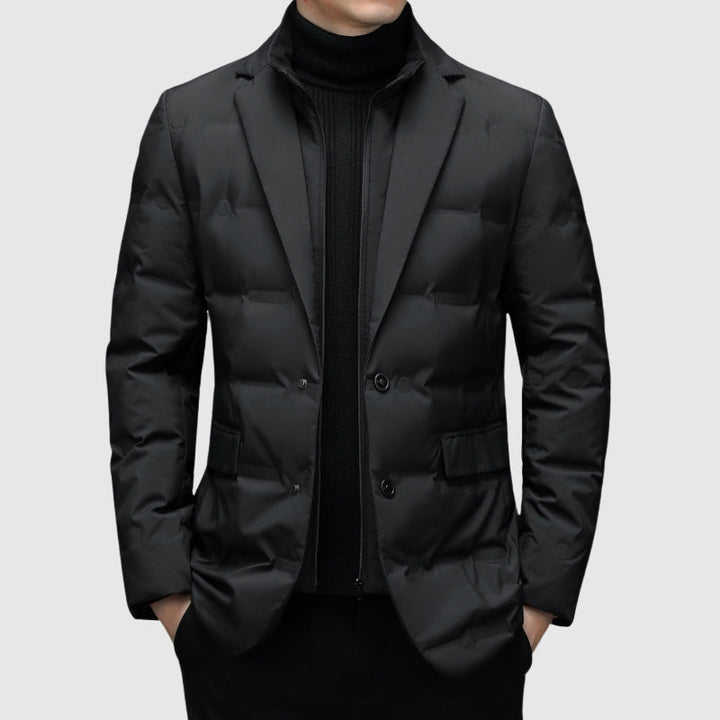 Men's elegant black padded winter jacket, blazer style, perfect for sophisticated cold weather outerwear.