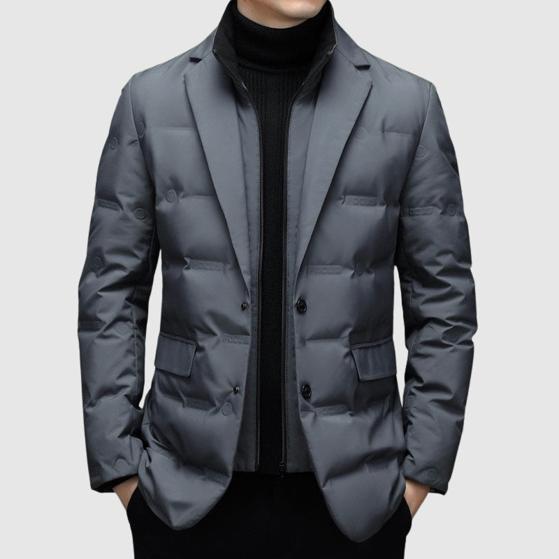Warm men's padded winter jacket with down filling, perfect for cold weather. Stylish and functional.