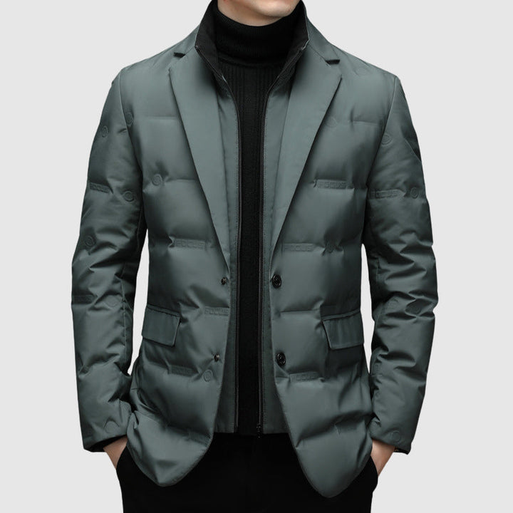 Black men's padded winter jacket, quilted design, offering warmth & elegant blazer style for cold weather.