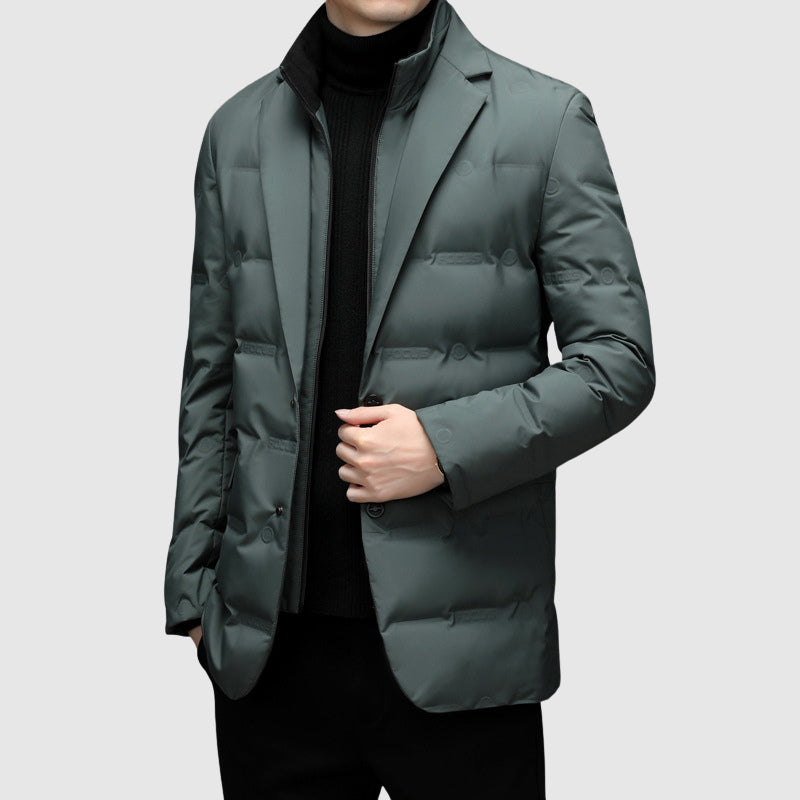 Stylish grey men's padded winter jacket, blazer style, warm and comfortable for winter fashion.