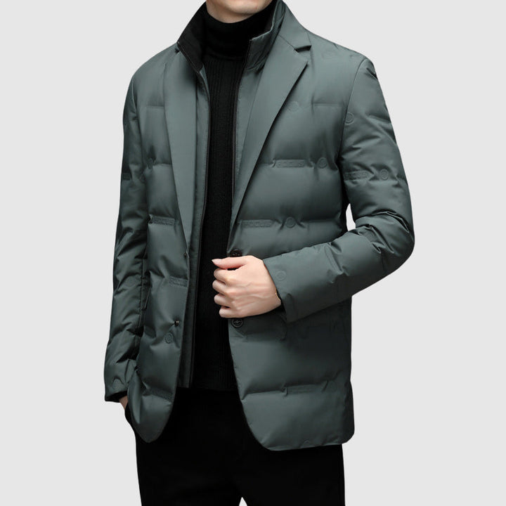 Stylish grey men's padded winter jacket, blazer style, warm and comfortable for winter fashion.