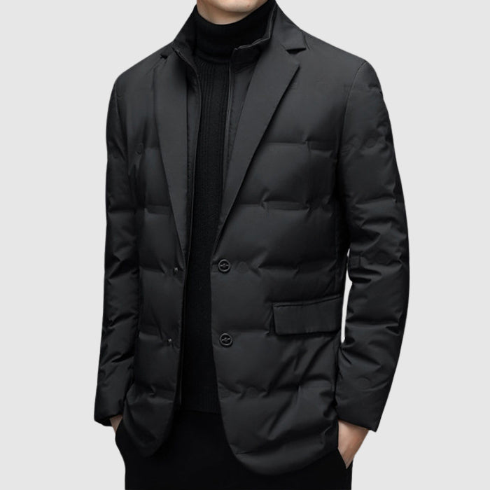 Quilted men's padded winter jacket, warm and elegant, ideal for stylish cold weather outerwear.