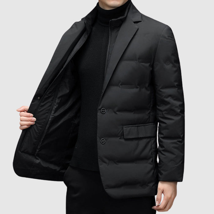 Men's padded winter jacket, warm & elegant blazer style. Perfect for stylish cold weather fashion & outerwear.