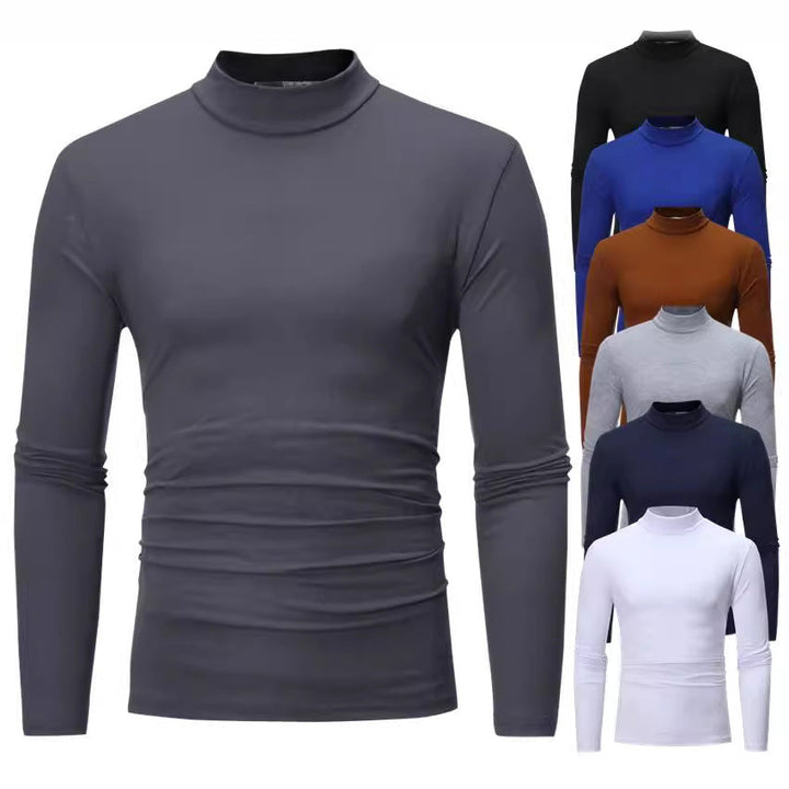 Black men's slim-fit turtleneck long-sleeve t-shirt. Elegant smart casual top for modern menswear.