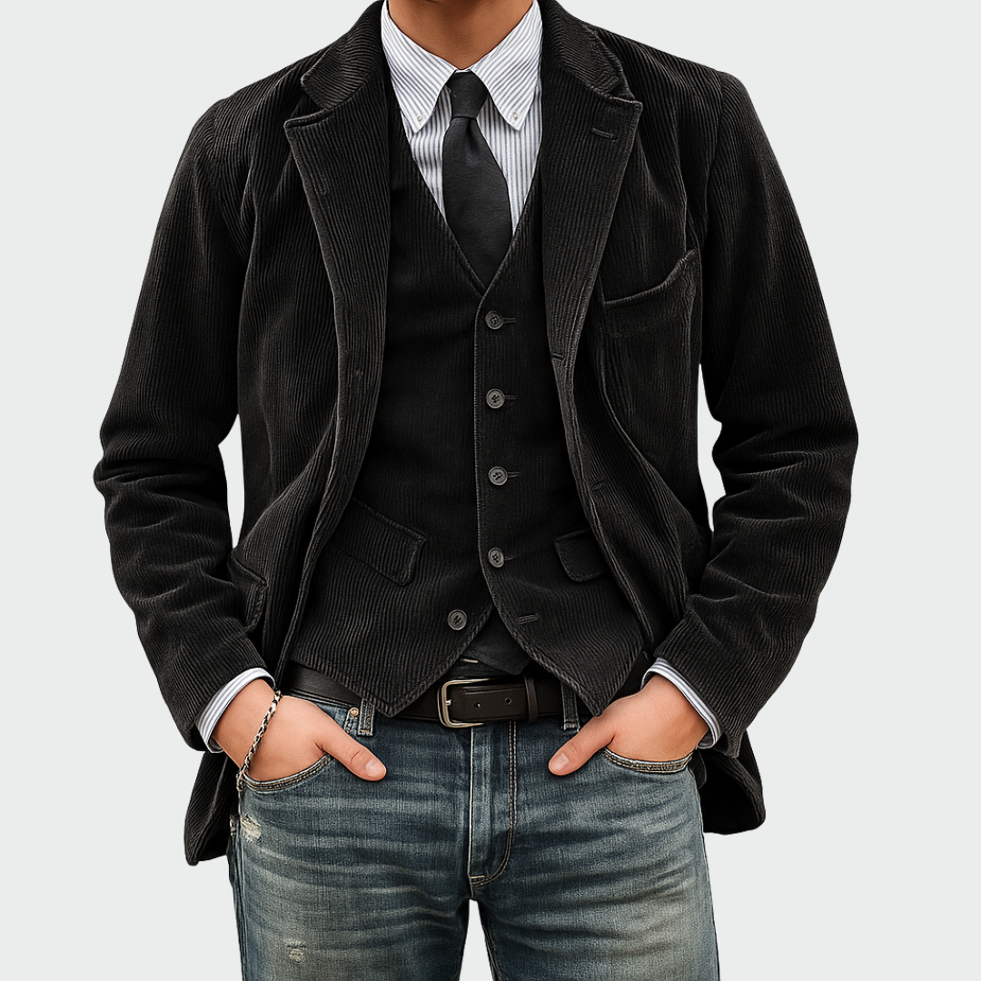 Tailored fit men's two-piece blazer and vest set, showcasing sophisticated style.