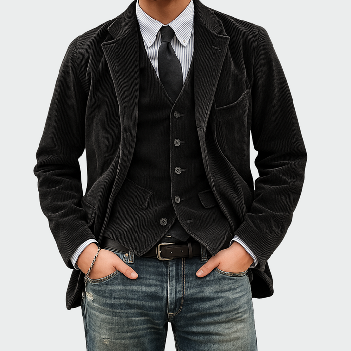 Tailored fit men's two-piece blazer and vest set, showcasing sophisticated style.