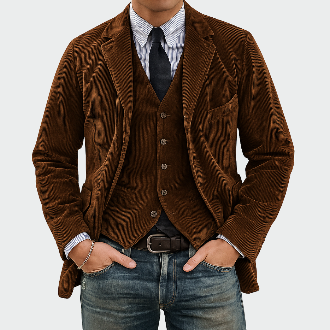 Close-up of the intricate detailing on the men's elegant vest from the formal wear set.