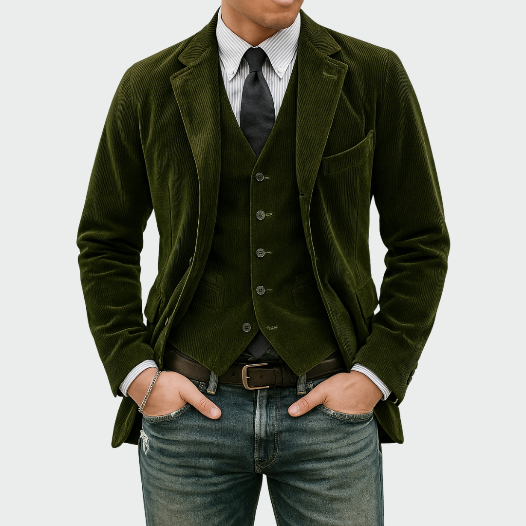 Man wearing a stylish men's blazer and matching vest set for business casual events.
