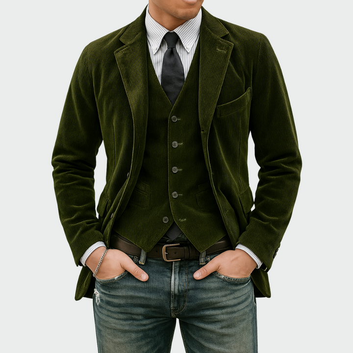 Man wearing a stylish men's blazer and matching vest set for business casual events.