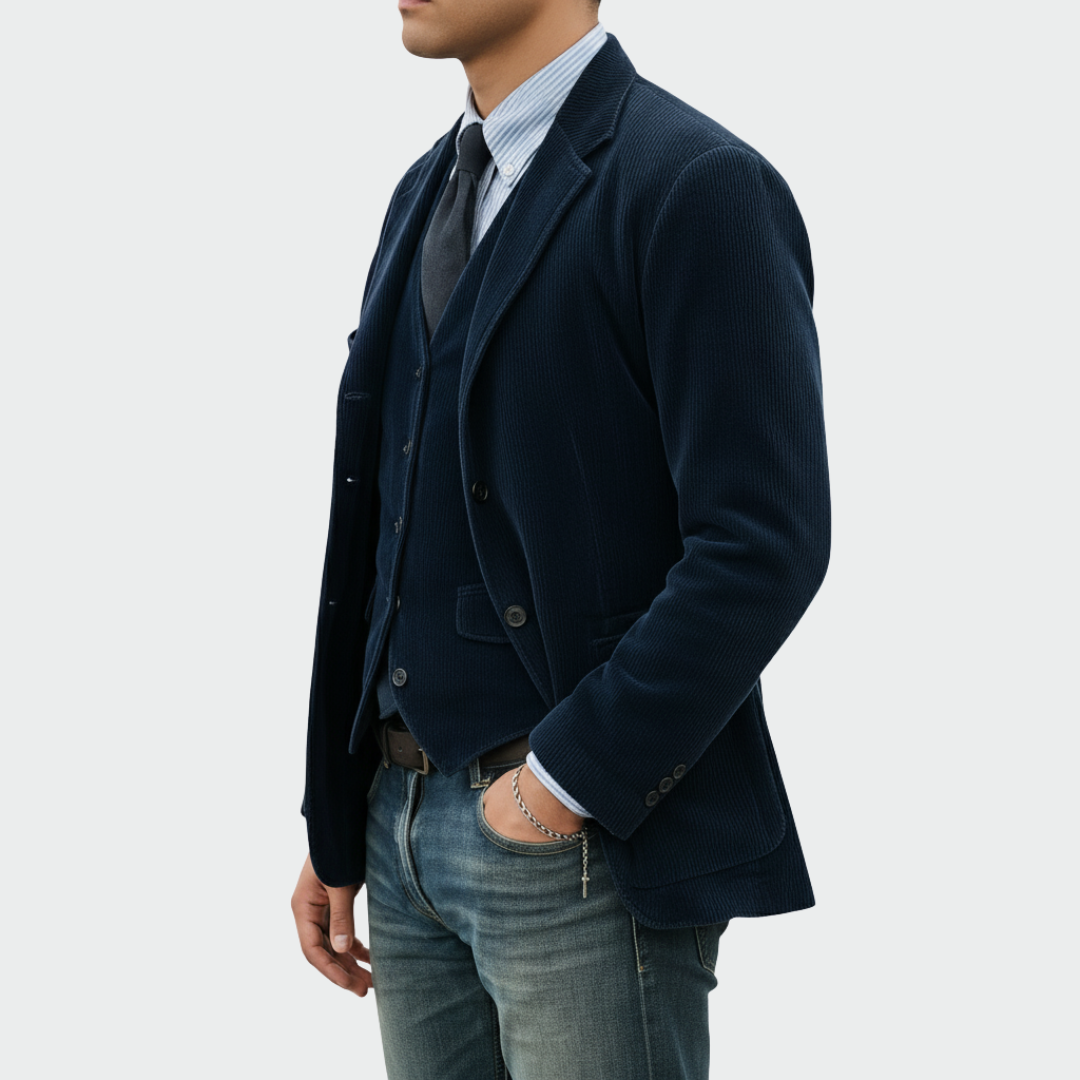 Full shot of the men's formal wear blazer and vest set, highlighting timeless fashion.