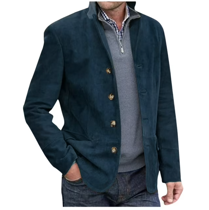 Professional men's blue blazer jacket, perfect for business casual meetings or formal events. Elegant button-front.