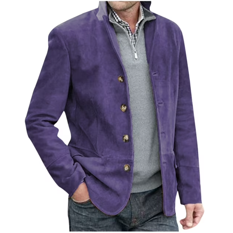 Elegant men's button-front blazer jacket in versatile blue, brown, or dark gray for various occasions.