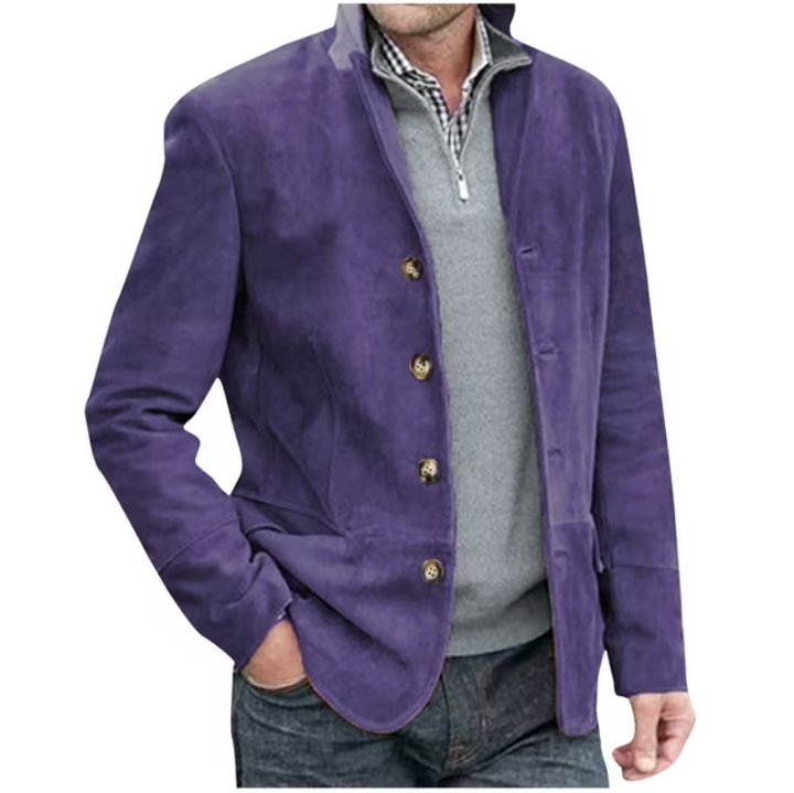 Elegant men's button-front blazer jacket in versatile blue, brown, or dark gray for various occasions.