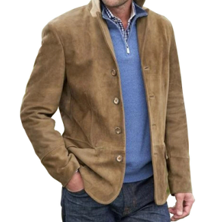Versatile men's elegant blazer jacket for business, smart casual, or layering. Available in blue, brown, & dark gray.