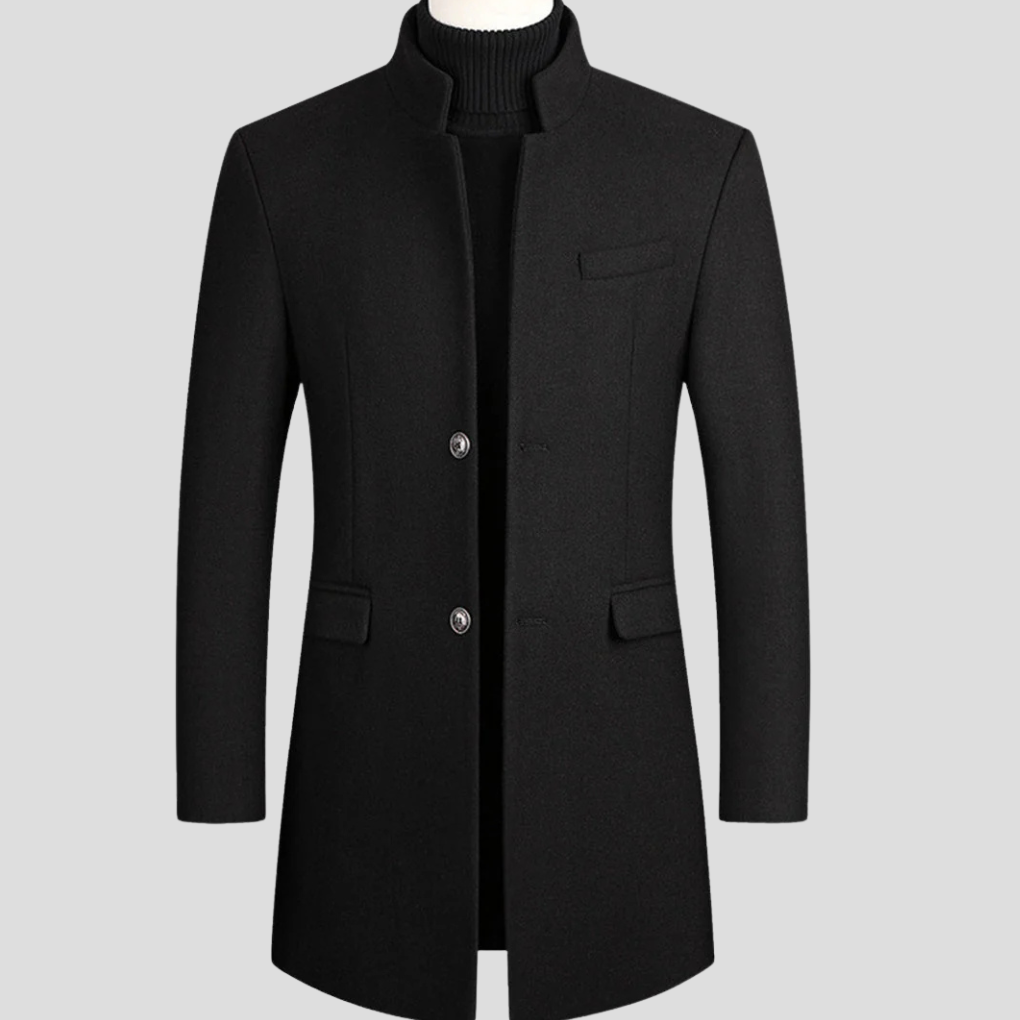 Sophisticated men's classic winter coat, an elegant longline overcoat perfect for formal and smart-casual events.