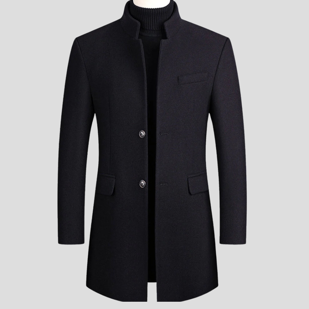 Versatile men's elegant outerwear coat, a classic longline jacket for refined winter fashion & menswear style.