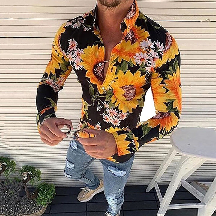 Men's sophisticated modern floral long sleeve shirt, elegant button-down style, perfect for dressy casual.