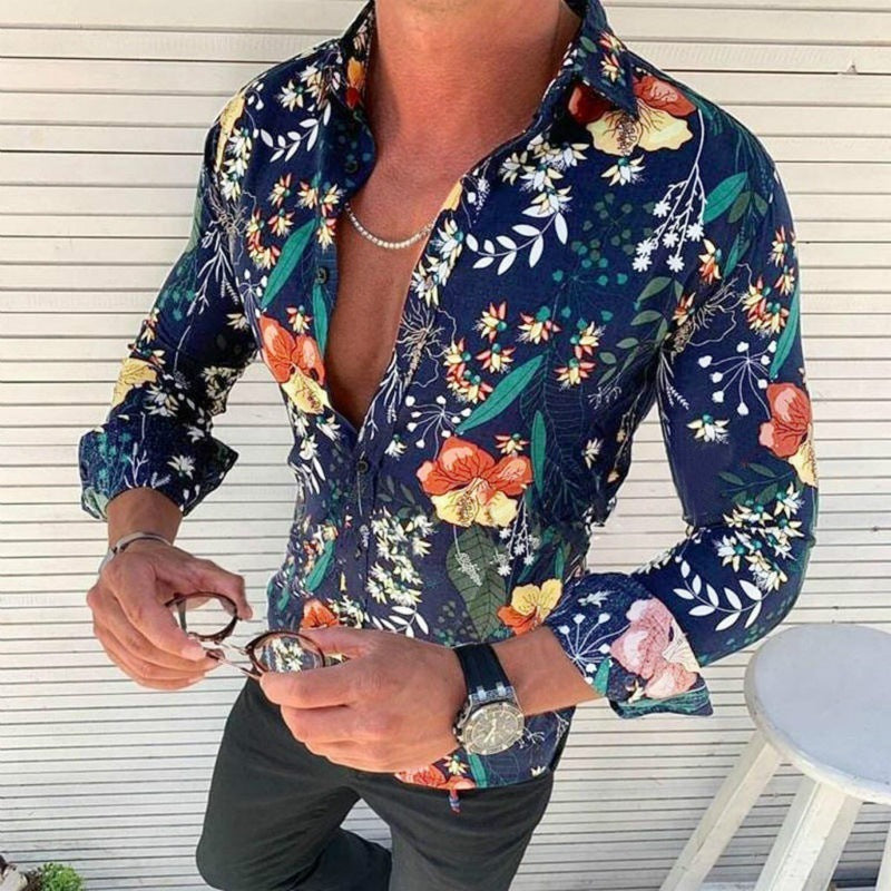 Stylish men's long sleeve shirt with unique modern floral print, button-down design for a sophisticated look.