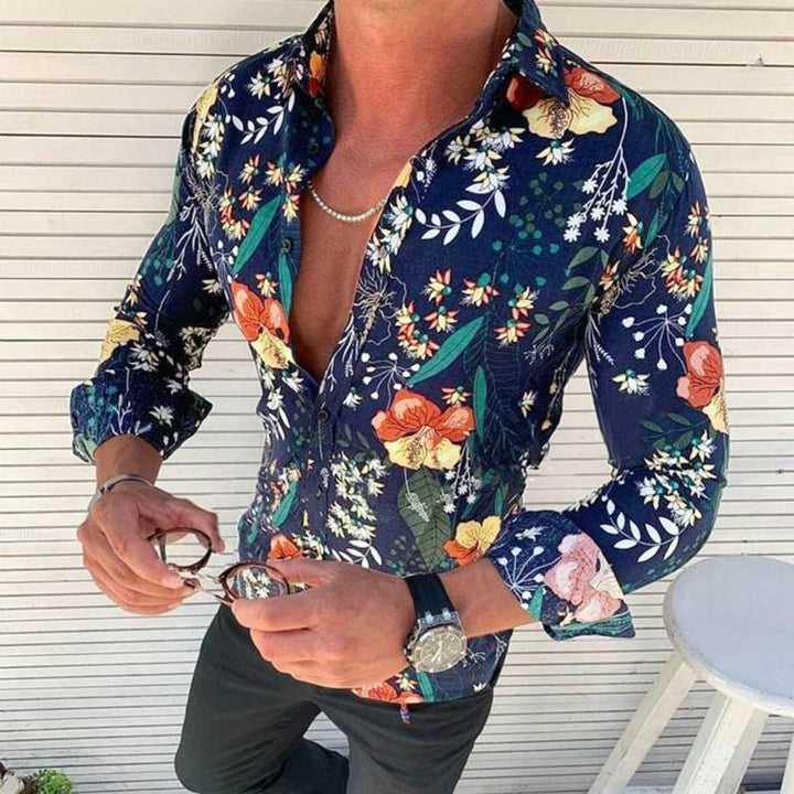 Stylish men's long sleeve shirt with unique modern floral print, button-down design for a sophisticated look.