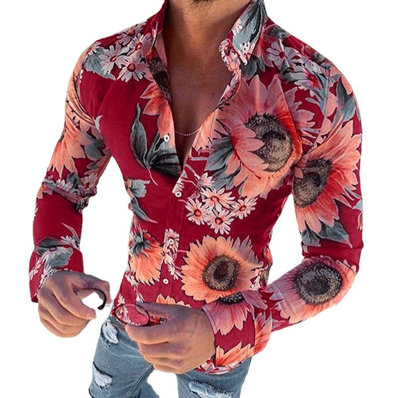 Elegant men's party shirt, long sleeve with a vibrant modern floral pattern, ideal for special events.