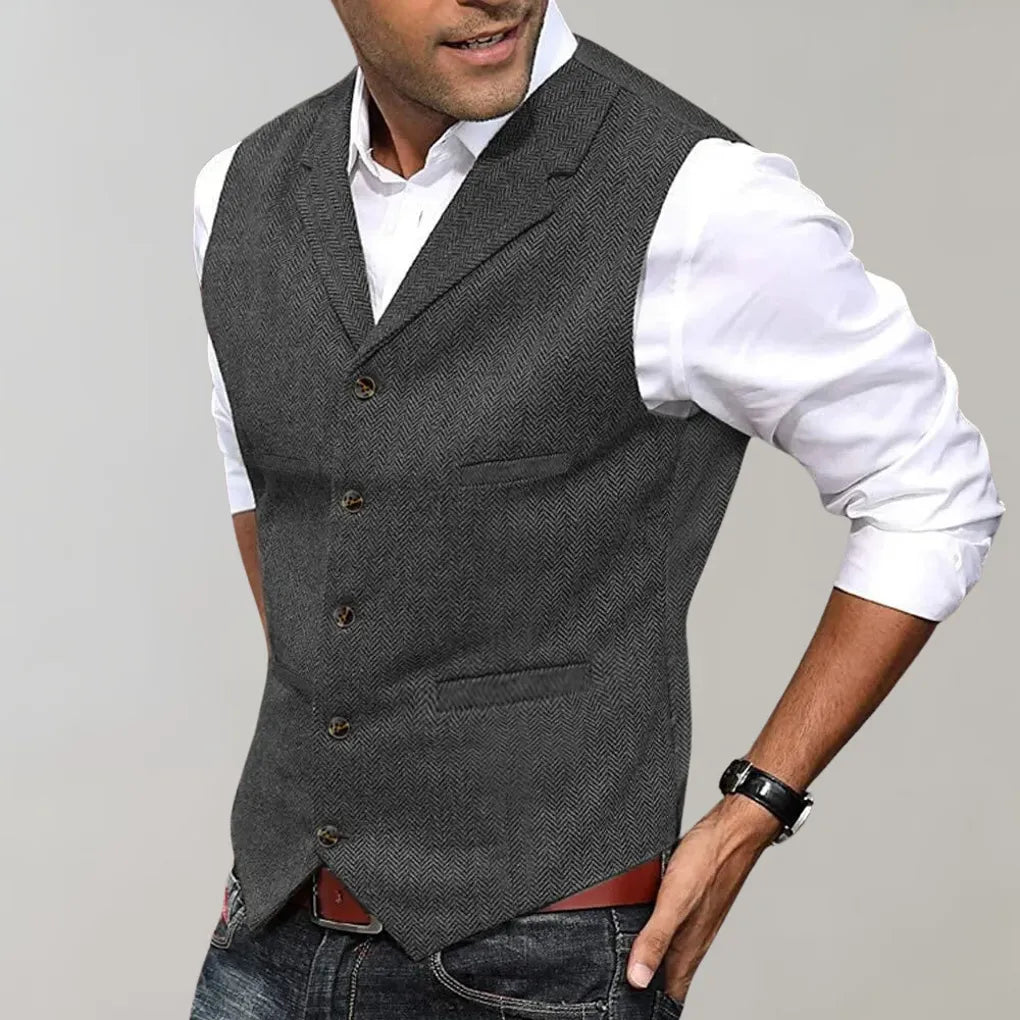 Stylish men's waistcoat for a layered look. Elegant dress vest for smart casual or business attire. Menswear fashion.