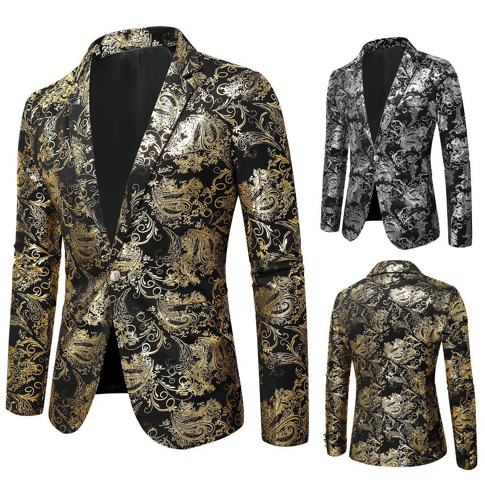 Men's elegant gold pattern blazer, perfect for formal occasions, parties, and evening events. Sophisticated fashion.