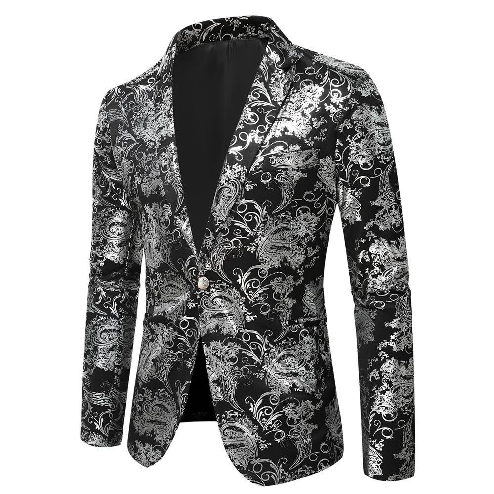 Luxurious men's black blazer with intricate gold pattern design, ideal for weddings, galas, and special occasions.