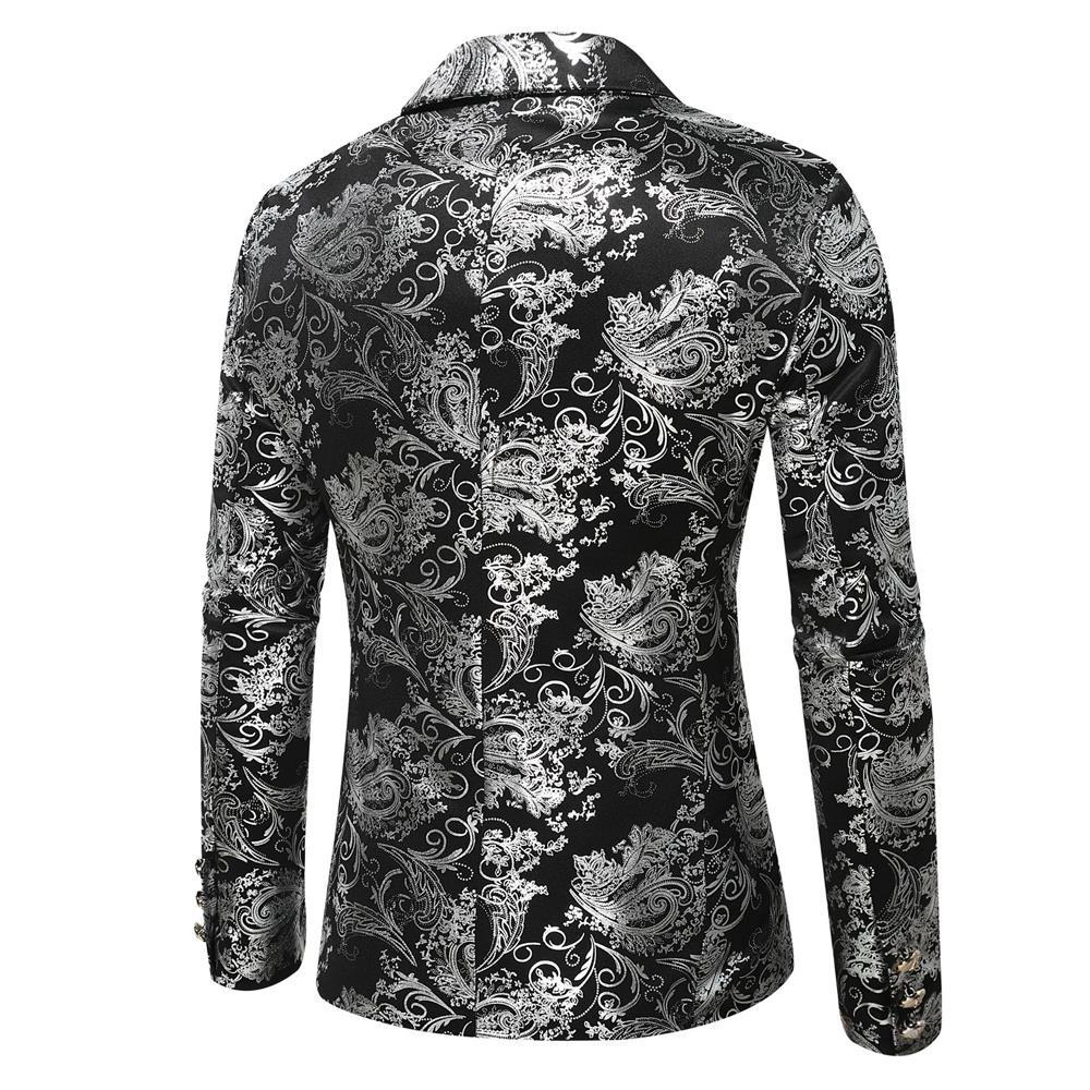 Fashion men's elegant black blazer featuring a striking gold pattern, great for a party, special event, or gala.
