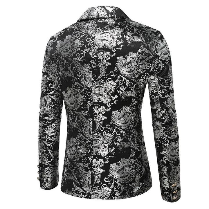 Fashion men's elegant black blazer featuring a striking gold pattern, great for a party, special event, or gala.