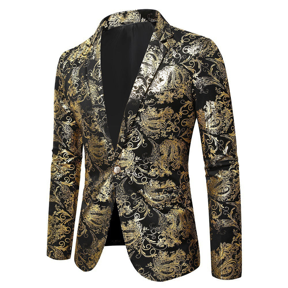 Men's party blazer in black with a shimmering gold pattern, excellent wedding attire or special occasion jacket.